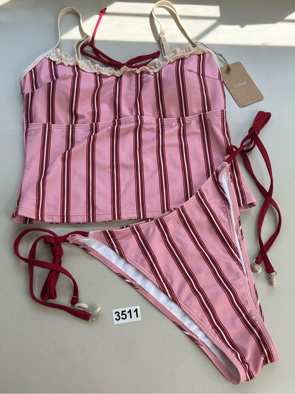 Samiol Pink Printed Striped Ruffle Tankini Bikini Set Spaghetti Strap Large